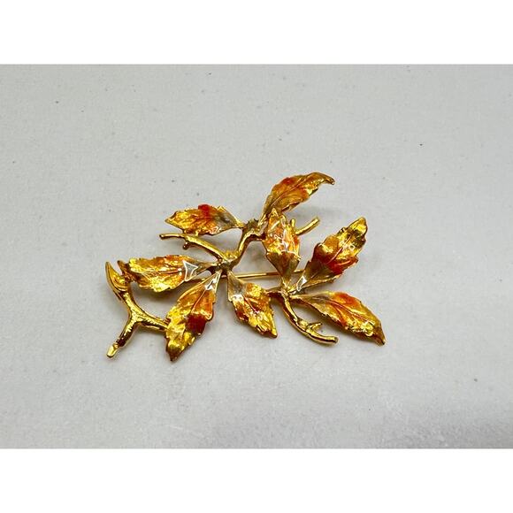 Vintage Brooch Gold Tone Orange Fall Leaves Branch Pin Estate Jewelry Dainty - Picture 4 of 6
